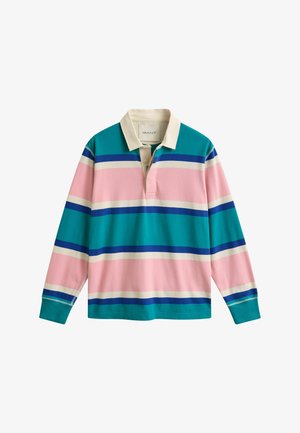 Rugbyshirt met lange mouwen en brede horizontale strepen in teal, roze, crème en blauw, voorzien van een crème polo-kraag en een gedeeltelijke knoopsluiting.