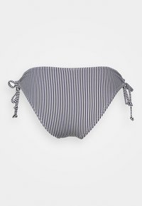 Parte de baixo de bikini com riscas em azul-marinho e branco, apresentando fechos de lado com laço e um tecido liso e elástico. Design clássico com um ajuste confortável.