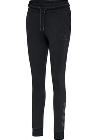 Zwarte joggers van zacht materiaal met een taps toelopend ontwerp, elastische tailleband, trekkoord en subtiele logo. Kenmerkt grijze accenten aan de zijkant.