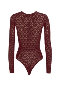 Body i burgundy spets, med långa ärmar, en åtsittande design och ett diamantmönster med en tanga-bak. Texturerad, transparent finish.