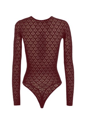 Body aus burgunderfarbener Spitze, mit langen Ärmeln, figurbetontem Schnitt und einem Rautenmuster sowie einem Tanga-Rücken. Strukturierte, durchsichtige Oberfläche.