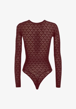 Body in pizzo bordeaux, con maniche lunghe, design aderente e motivo a diamante con retro a perizoma. Finitura trasparente e testurizzata.