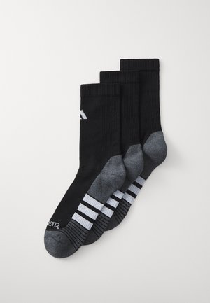 Black sports socks with ribbed texture, featuring gray heel and toe accents, and white stripes. Pack includes three pairs.
