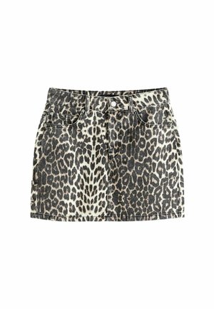 Denim miniskirt med leopardprintmønster i lys beige og sort. Har forlommer og knaplukning.