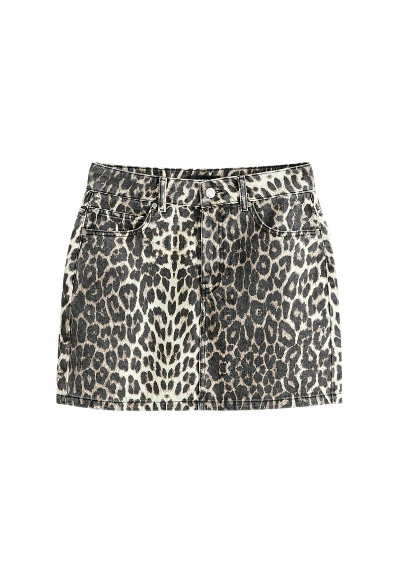 Jupe mini en denim avec un motif léopard beige clair et noir. Dispose de poches avant et d'une fermeture à bouton.
