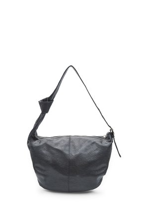 Black leather shoulder bag with a thick strap featuring a decorative knot and a top zipper closure.