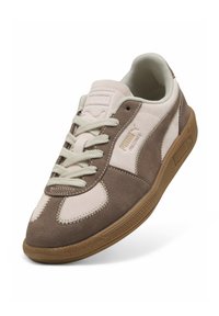Zapatillas de ante marrón y rosa claro con cordones crema, cuello acolchado y suela de goma con un patrón texturizado y acentos de logotipo.