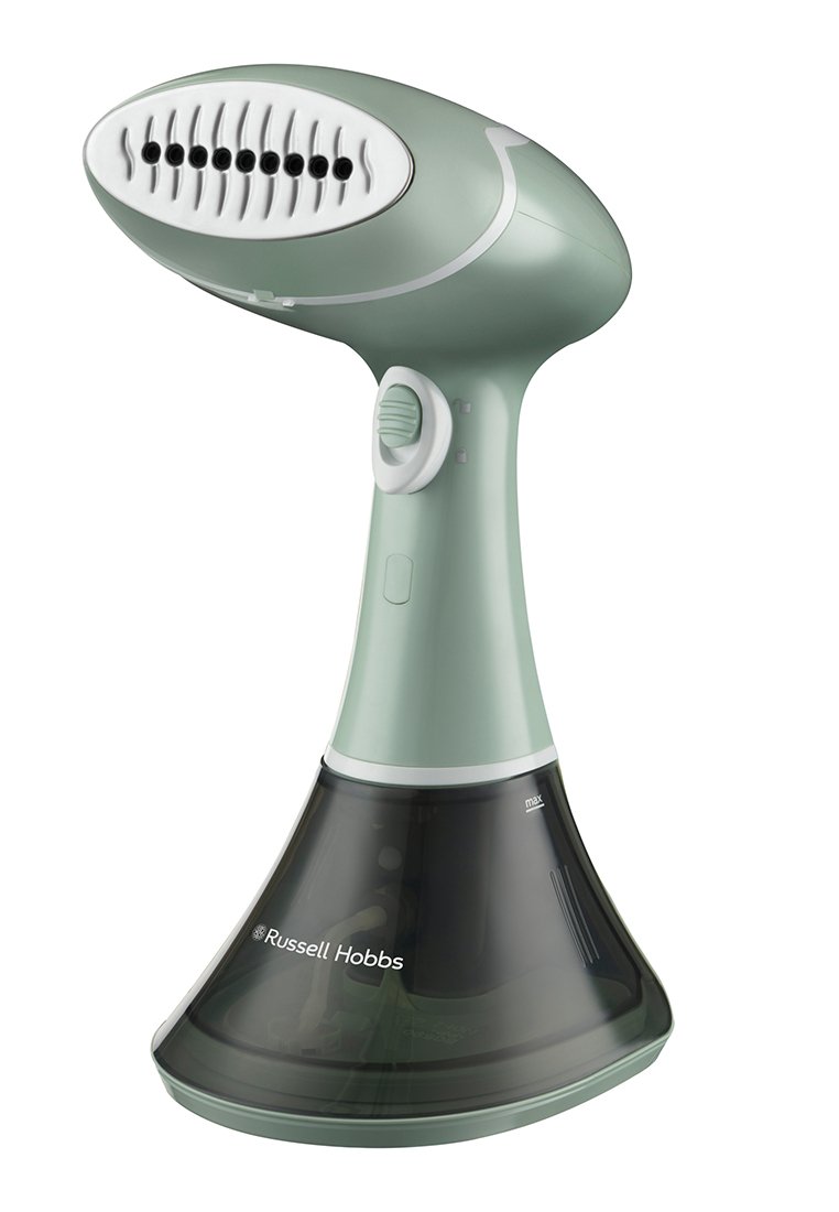 Steamer de mano para prendas con mango verde, placa de vapor blanca, tanque de agua negro y control deslizante de vapor ajustable.