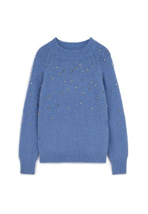 Maglione azzurro chiaro realizzato in un morbido e felpato materiale, con decorazioni argentate e dorate a forma di stelle e geometriche, dotato di un colletto a coste.