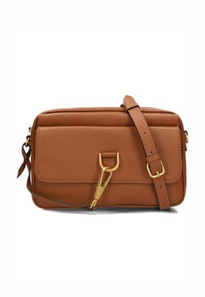 Brown leather handbag with a textured finish, a front flap, gold hardware accents, and an adjustable strap. Compact rectangular design.