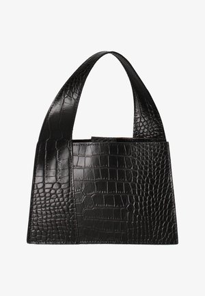Borsa nera con manico largo e texture in pelle goffrata effetto coccodrillo, forma rettangolare e design strutturato.