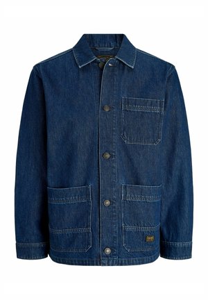 Dunkelblaue Jeansjacke mit Knopfleiste, drei aufgesetzten Taschen, Kragen und langen Ärmeln.