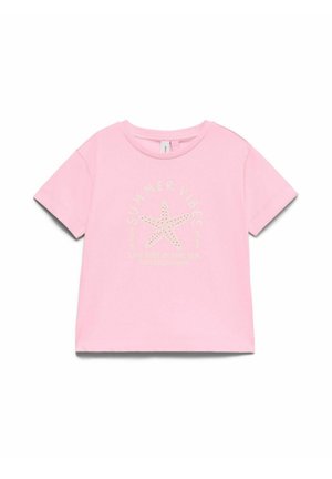 Pink short-sleeve t-shirt with a starfish graphic and text reading "SUMMER VIBES" and "LIVE FREE BY THE SEA ENDLESS SUMMER" on front.
