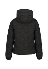 Schwarze Pufferjacke mit Kapuze, die ein strukturiertes Muster stilisierter Formen zeigt, elastische Bündchen und einen Standardschnitt hat. Glatte Oberflächenbeschaffenheit.