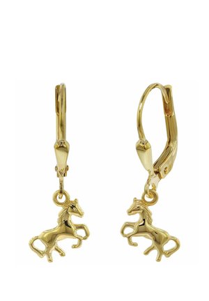 Gold hoop earrings with small charms shaped like rearing horses hanging from each hoop.