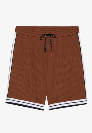 Bruine netstructuur shorts met een drawstring taille, zijzakken en witte strepen langs de zijkanten. Heeft een ademende textuur en een casual ontwerp.