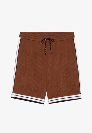 Braune Netzshorts mit verstellbarem Bund, seitlichen Taschen und weißen Streifen an den Seiten. Verfügt über eine atmungsaktive Textur und ein lässiges Design.