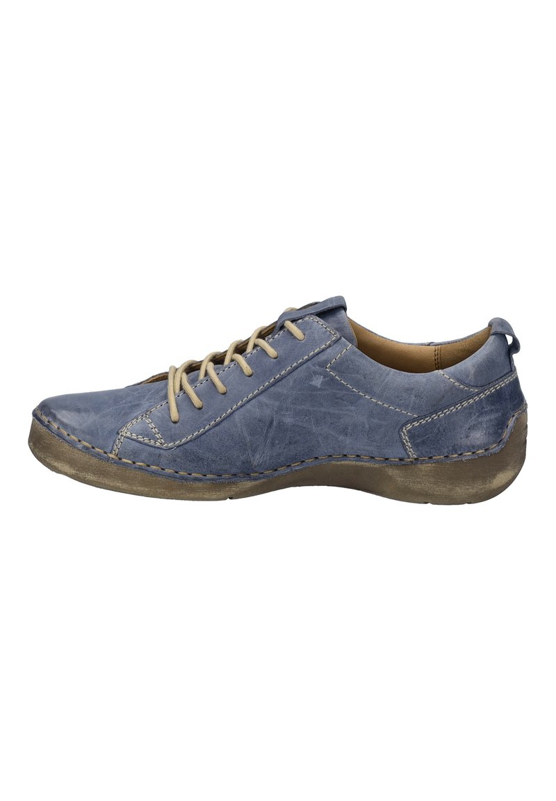 Chaussure en cuir bleu avec lacets beige, design bas, bout rond, et semelle en caoutchouc marron avec accents cousus.