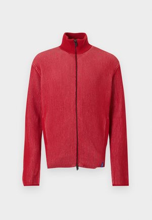 Joven vestido con una gorra beige, un jersey rojo con cremallera y canalé sobre una camisa blanca, vaqueros grises desgastados y anchos, y zapatillas negras, de pie con las manos en los bolsillos.