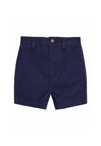 Shorts bleu marine fabriqués en tissu en mélange de coton, avec une fermeture à bouton, deux poches avant et un design classique à coupe droite.