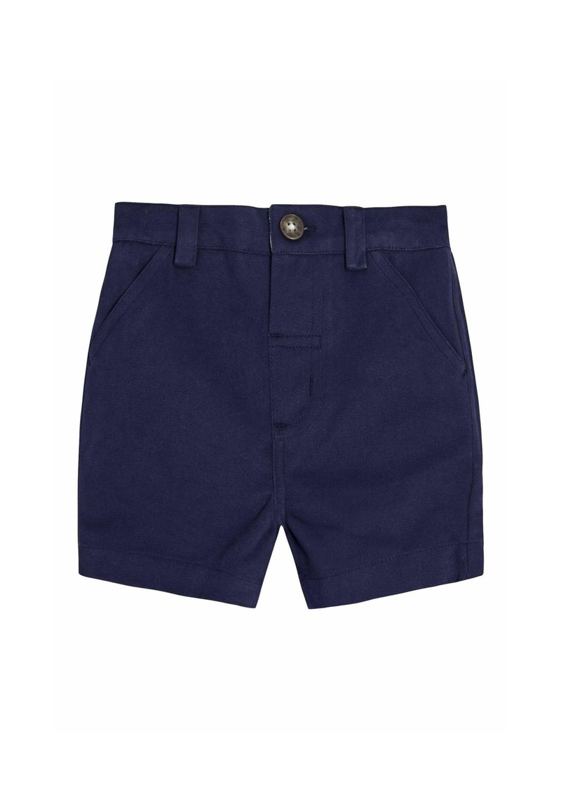 Shorts bleu marine fabriqués en tissu en mélange de coton, avec une fermeture à bouton, deux poches avant et un design classique à coupe droite.