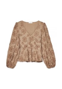 Blusa marrone a maniche lunghe con scollatura a V, polsini elastici, vita a peplo e motivo floreale testurizzato su tutta la stoffa.