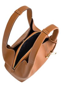 Borsa a spalla in pelle marrone con due manici e una zip dorata. L'interno presenta una fodera nera strutturata. Dettagli cuciti lungo i bordi.