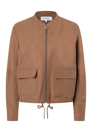 Brown bomber jacket with a high collar, front zipper, two patch pockets, drawstring hem, and smooth fabric texture.