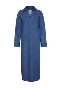 Denim-mekko, jossa on kauluspääntie, pitkät hihat ja keskipitkä leikkaus. Juuri suoritetut kaksi etutaskua ja sininen denim-textuuri.