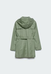 Light green, long-sleeve raincoat featuring a hood, belted waist, and a vented back for airflow. Made from smooth, water-resistant fabric.