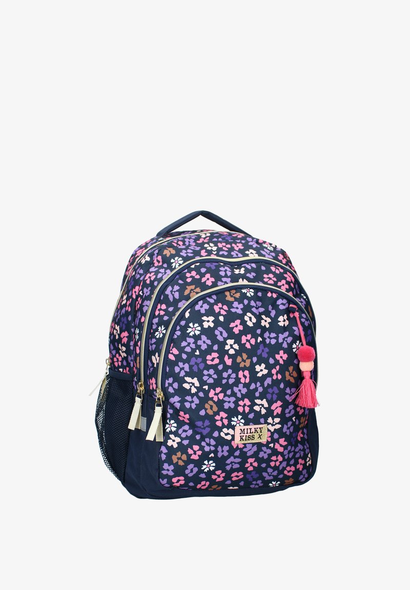 Marineblauer Rucksack mit floralem Muster in Rosa, Lila und Weiß. Verfügt über goldene Reißverschlüsse, eine rosa Quaste und eine seitliche Netz-Tasche.