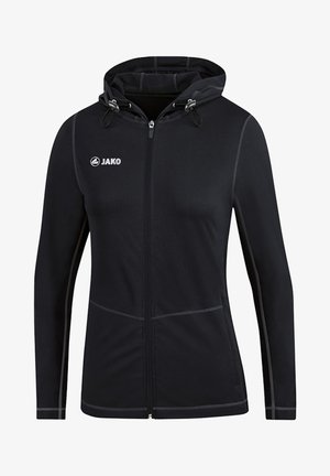 Czarna bluza z kapturem na zamek błyskawiczny z troczkami, długimi rękawami, szarymi akcentami szwów oraz logiem JAKO na lewej piersi.