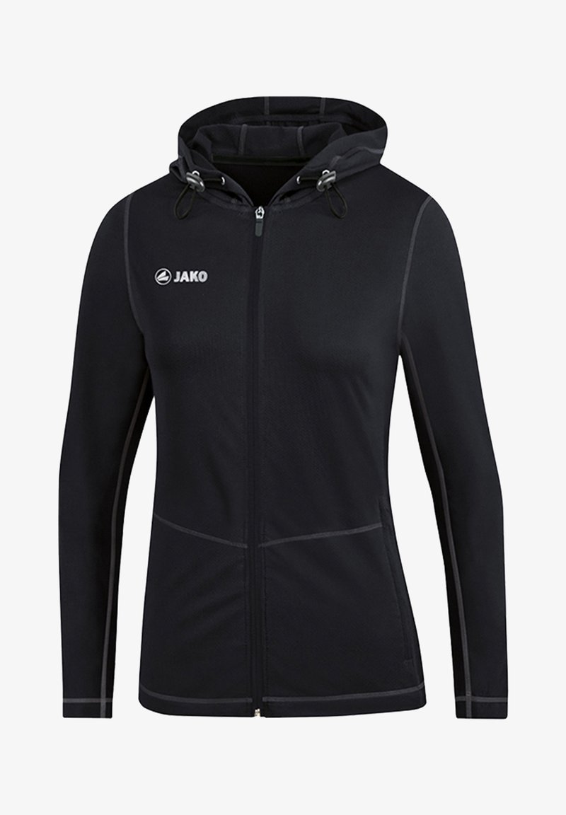 Sweat à capuche noir zippé avec cordons, manches longues, finitions de coutures grises et logo JAKO sur la poitrine gauche.