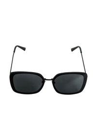Black rectangular sunglasses with dark lenses, bold frame design, and black metal arms, featuring a matte texture and slight curve at the tips.