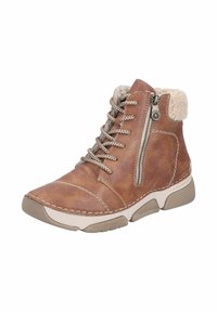 Bottine en cuir marron avec col en fausse fourrure, lacets à l'avant et fermeture éclair sur le côté. Elle présente une texture lisse et des détails de couture contrastée.