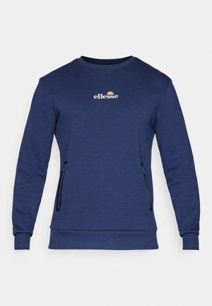 Marineblaues Sweatshirt aus weichem Stoff, mit Rundhalsausschnitt, langen Ärmeln, seitlichen Reißverschlusstaschen und einem kleinen 'ellesse'-Logo auf der Brust.