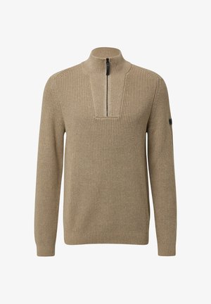 Beiger Strickpullover mit langen Ärmeln, gerippten Bündchen und Saum sowie einem schwarzen halben Zip-Kragen.