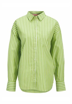 Groen en wit gestreepte lange mouwen button-up shirt. Beschikt over een kraag, voorzak en een gebogen zoom. Gemaakt van lichtgewicht stof.