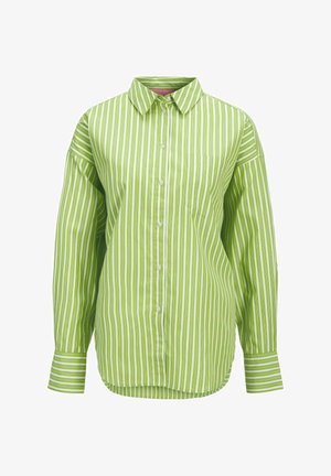 Žalias ir baltas dryžuotas ilgomis rankovėmis marškinėlių su mygtukais. Turi apykaklę, priekinę kišenę ir kreivą sijoną. Pagaminta iš lengvos medžiagos.