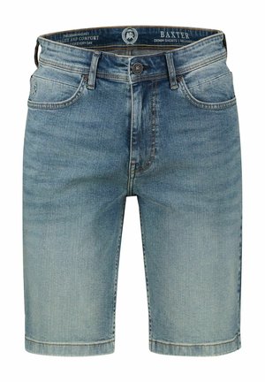 Hellblaue Jeansshorts mit fünf Taschen, Knopfleiste und ausgebleichten Details auf den vorderen Oberschenkeln.