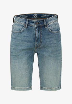 Hellblaue Jeansshorts mit fünf Taschen, Knopfleiste und ausgebleichten Details auf den vorderen Oberschenkeln.