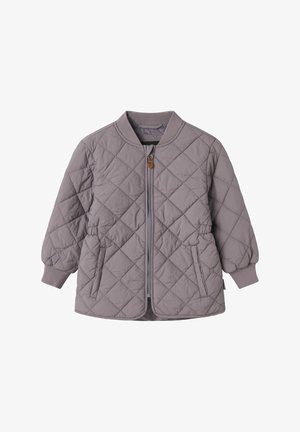 Quilted bomberjakke i lysegrå med lynlås, ribbede manchetter og to sidelommer. Stof har en glat, tekstureret overflade.