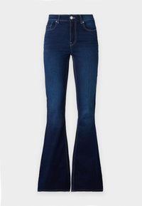 Jeans evazați de culoare albastru închis cu talie înaltă, din denim. Prezintă cusături în contrast și închidere cu buton frontal. Textură netedă.