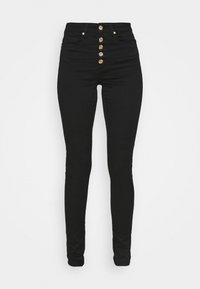 Schwarze hoch taillierte Jeans mit schlanker Passform, ausgestattet mit fünf goldenen Knopfverschlüssen, Fronttaschen und einer glatten Denim-Oberfläche.