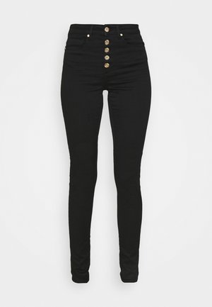 Black high-waisted jeans with a slim fit, featuring five golden button closures, front pockets, and a smooth denim texture.