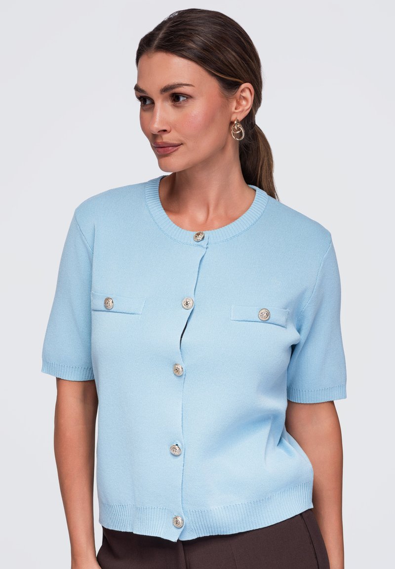 Femme aux cheveux bruns attachés en queue de cheval, portant des boucles d'oreilles créoles dorées et un pull bleu clair à manches courtes boutonné, regardant sur le côté.