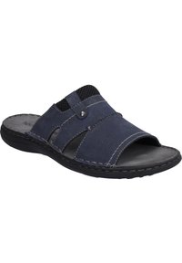Sandalo slide in pelle blu con design perforato, rete elastica e suola in gomma nera con cuciture a contrasto. Adatto per l'uso quotidiano.