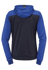 Kapuzensweatshirt mit blauer Oberseite und navyfarbener Unterseite. Hergestellt aus glattem Stoff mit gerippten Bündchen und einer mittigen Naht auf der Rückseite.