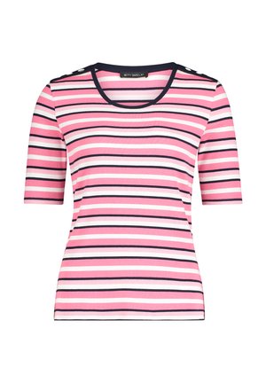 Haut rayé en rose, blanc et bleu marine, avec une texture côtelée, un col rond et des manches courtes, orné de boutons sur les épaules.