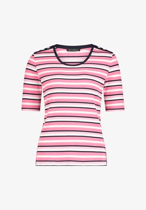 Haut rayé en rose, blanc et bleu marine, avec une texture côtelée, un col rond et des manches courtes, orné de boutons sur les épaules.